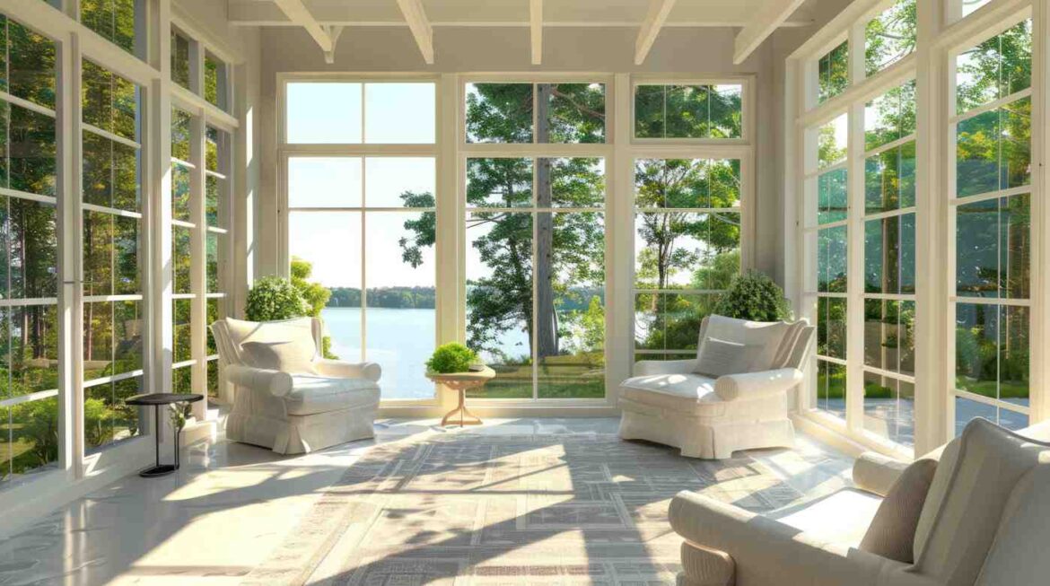 Véranda lumineuse avec une ossature veranda menuiserie pvc sur mesure donnant sur un lac.